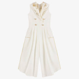 Junona-Girls White Notched Collar Jumpsuit | Childrensalon