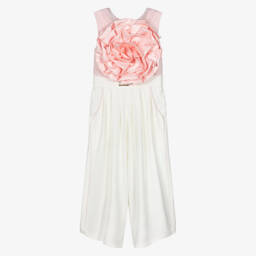 Junona-Girls White & Pink Flower Jumpsuit | Childrensalon