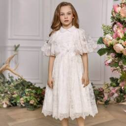 Junona-Girls White Tulle Dress With Collar | Childrensalon