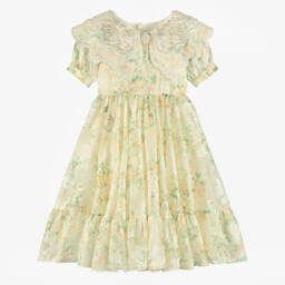 Junona-Girls Yellow Floral Jacquard Organza Dress | Childrensalon
