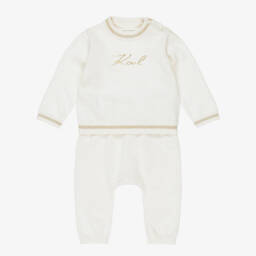 KARL LAGERFELD KIDS-طقم بنطلون قطن وكشمير محبوك لون عاجي للبنات الرضع | Childrensalon