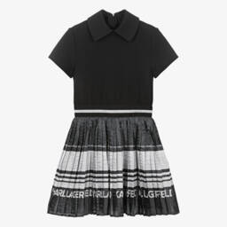KARL LAGERFELD KIDS-Girls Black & Silver Pleated Logo Dress | Childrensalon