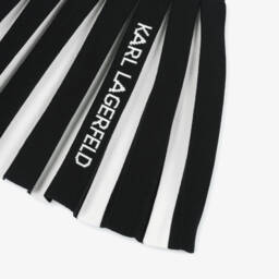 KARL LAGERFELD KIDS-Girls Black & White Striped Pleated Knit Skirt with Logo | Childrensalon