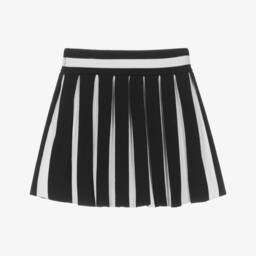 KARL LAGERFELD KIDS-Girls Black & White Striped Pleated Knit Skirt with Logo | Childrensalon