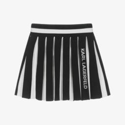 KARL LAGERFELD KIDS-Girls Black & White Striped Pleated Knit Skirt with Logo | Childrensalon