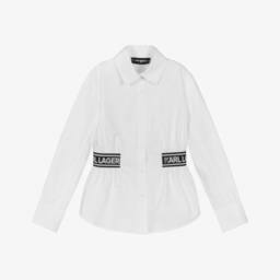 KARL LAGERFELD KIDS-Girls White Cotton Logo Waist Shirt | Childrensalon