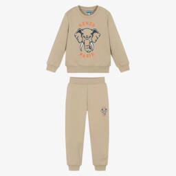 KENZO KIDS-طقم رياضي بشعار الفيل قطن جيرسي لون بيج | Childrensalon