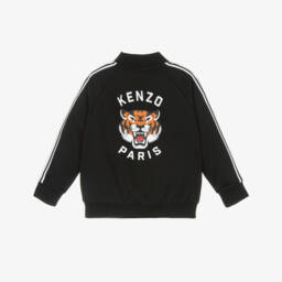 KENZO KIDS-Black Jersey Zip-Up Top with Lucky Tiger Logo | Childrensalon