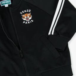 KENZO KIDS-Black Jersey Zip-Up Top with Lucky Tiger Logo | Childrensalon