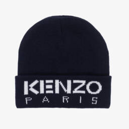 KENZO KIDS-Blue Knitted Beanie Hat with Logo Brim | Childrensalon