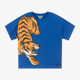 KENZO KIDS-Blue Organic Cotton Tiger Print T-Shirt | Childrensalon