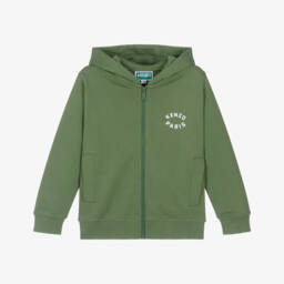 Boys Green Cotton Zip-Up Hoodie