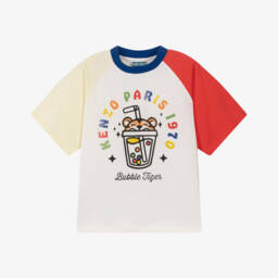 Boys Ivory Cotton Bubble Tiger T-Shirt with Contrast Sleeves