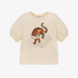 KENZO KIDS-Girls Dark Ivory Cotton Puffed Sleeve Tiger T-Shirt | Childrensalon