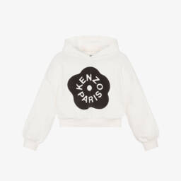 Girls Ivory Cotton Hoodie with Black Boke Flower Print