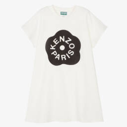 Girls Ivory Cotton Jersey Dress with Black Boke Flower Print