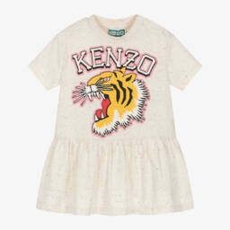 KENZO KIDS Girls Ivory Cotton Varsity Tiger Dress Childrensalon