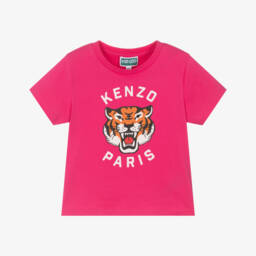 Girls Pink Lucky Tiger Cotton T-Shirt