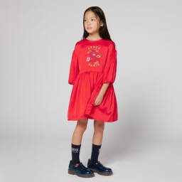 KENZO KIDS-Girls Red Satin Embroidered Snake Dress | Childrensalon