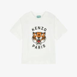 KENZO KIDS-Ivory Cotton T-Shirt with Lucky Tiger Print | Childrensalon