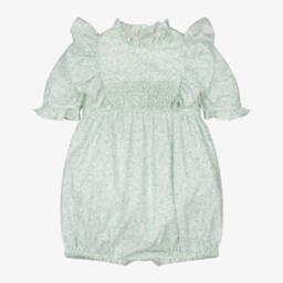 Kidiwi-Baby Girls Green Hand-Smocked Cotton Shortie | Childrensalon
