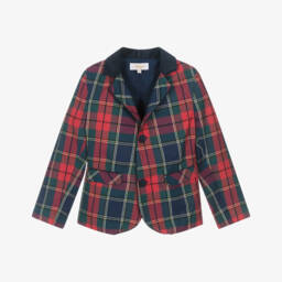 Kidiwi-Boys Red Tartan Cotton Blazer with Velvet Trims | Childrensalon