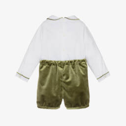 Kidiwi-Boys White & Olive Green Velvet Buster Suit | Childrensalon