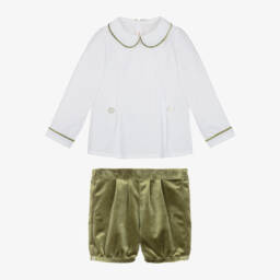 Kidiwi-Boys White & Olive Green Velvet Buster Suit | Childrensalon