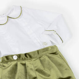 Kidiwi-Boys White & Olive Green Velvet Buster Suit | Childrensalon