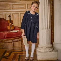 Kidiwi-Girls Navy Blue Hand-Embroidered Corduroy Dress | Childrensalon