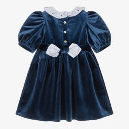 Kidiwi-Girls Navy Blue Smocked Velvet Dress | Childrensalon