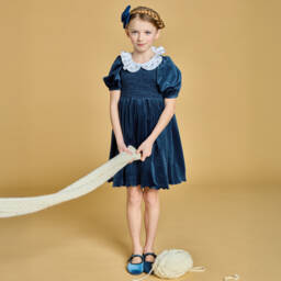 Kidiwi-Girls Navy Blue Smocked Velvet Dress | Childrensalon