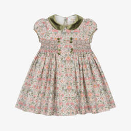 Kidiwi-فستان بطبعة ورود قطن بتطريز سموك لون زهري للبنات | Childrensalon
