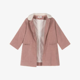 Kidiwi-Girls Pink Wool Coat with Bouclé Collar | Childrensalon