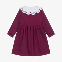 Kidiwi-Girls Red Corduroy Dress with Embroidered Scalloped Collar | Childrensalon