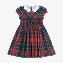 Kidiwi-Girls Red Tartan Cotton Dress with Smocking | Childrensalon