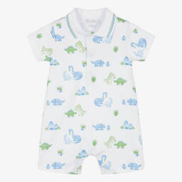 Baby Boys White & Blue Pima Cotton Dinosaur Delight Shortie