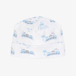 Kissy Kissy-Boys White & Blue Pima Cotton Roundabout Railroad Babygrow | Childrensalon