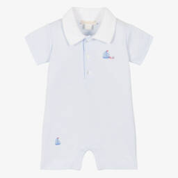 Baby Boys White & Blue Pima Cotton Shortie with Embroidered Boats