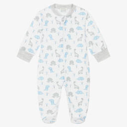 Boys White & Blue Dinosaur Territory Pima Cotton Babygrow