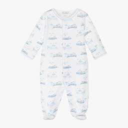 Kissy Kissy-Boys White & Blue Pima Cotton Roundabout Railroad Babygrow | Childrensalon