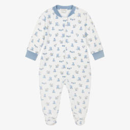 Boys White & Blue Pima Cotton Vintage Toy Fun Babygrow