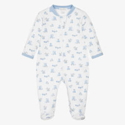 Boys White & Blue Pima Cotton Vintage Toy Fun Babygrow