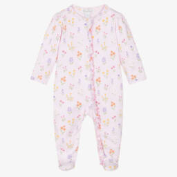Girls Pink Pima Cotton Summer Wildflowers Zip Babygrow