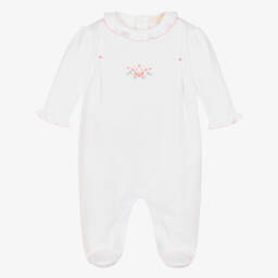 Girls White Embroidered Pastel Gardens Pima Cotton Babygrow