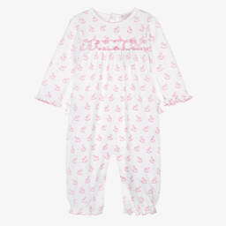 Girls White & Pink Gingham Rockers Cotton Romper