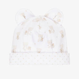 Шапочка бело-бежевая из хлопка пима с мишками и 3D ушками