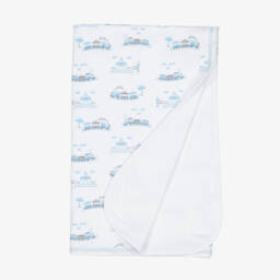 Kissy Kissy-Boys White & Blue Pima Cotton Roundabout Railroad Babygrow | Childrensalon