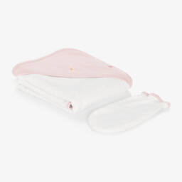 Kissy Kissy-White & Pink Cotton Hooded Towel & Mitt Set | Childrensalon
