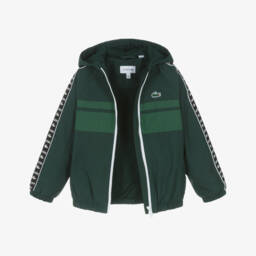 Lacoste-Lightweight Green Hooded Jacket with Logo Taping | Childrensalon